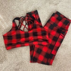 CVG red plaid leggings with matching sports bra